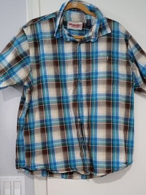 Wrangler Men's Blue Brown Plaid Short-Sleeve Shirt Size XL